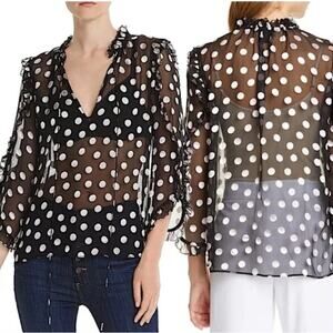 Alice ans Olivia Julius Silk‎ Blend Ruffled Polka Dot Tunic Blouse Black Sheer L